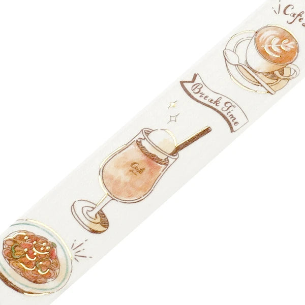 Decorative paper roll with coffee-themed illustrations on a white background