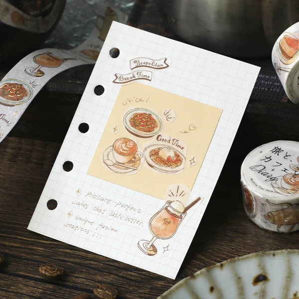 Decorative paper with illustrations of food and drink on a wooden surface.