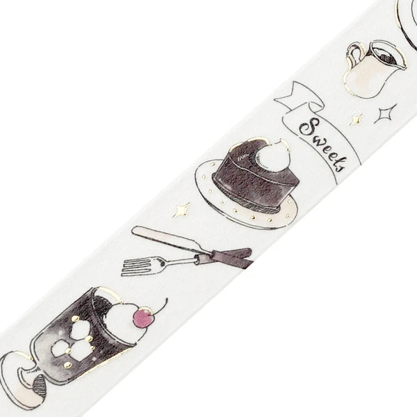 Decorative paper strip with illustrations of desserts and the word 'Sweets' on a white background.