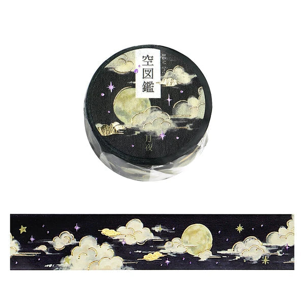 Decorative tape with moon and cloud design on a black background
