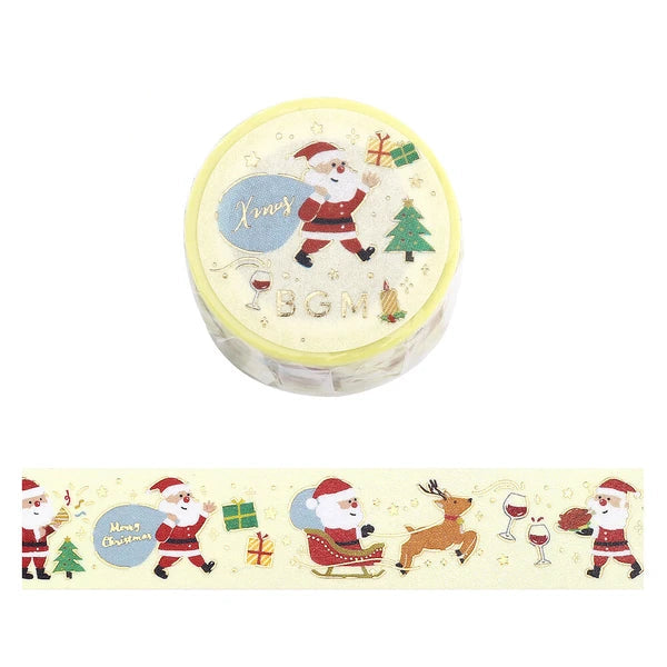 Round container with Christmas design featuring Santa Claus and reindeer on a white background.