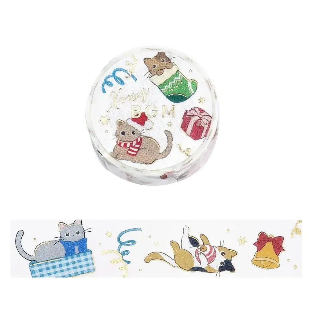 Decorative washi tape with cartoon cats and festive elements on a white background