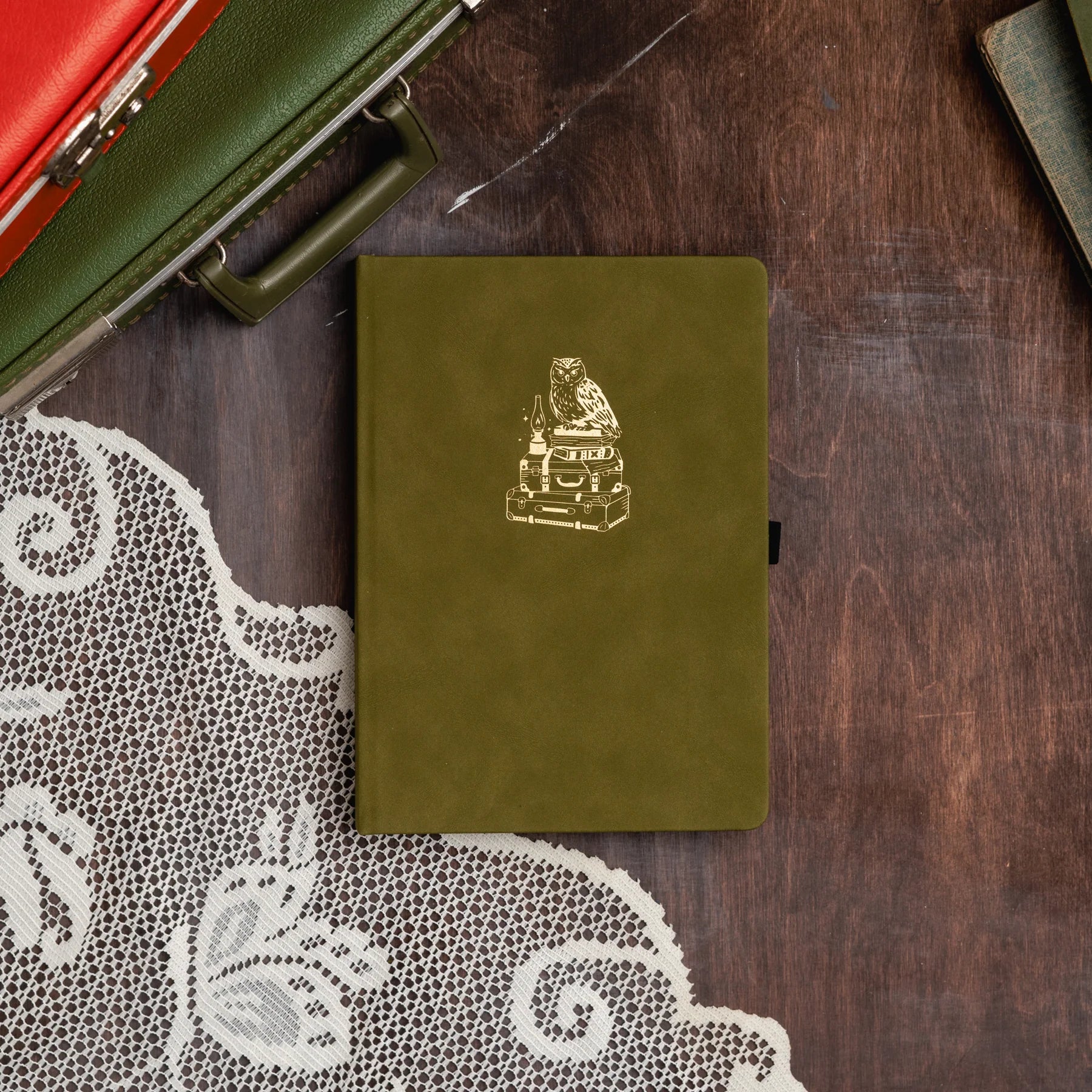 Archer & Olive In the Attic Dotted Notebook with green cover with an owl design - Paper Kooka Stationery Australia