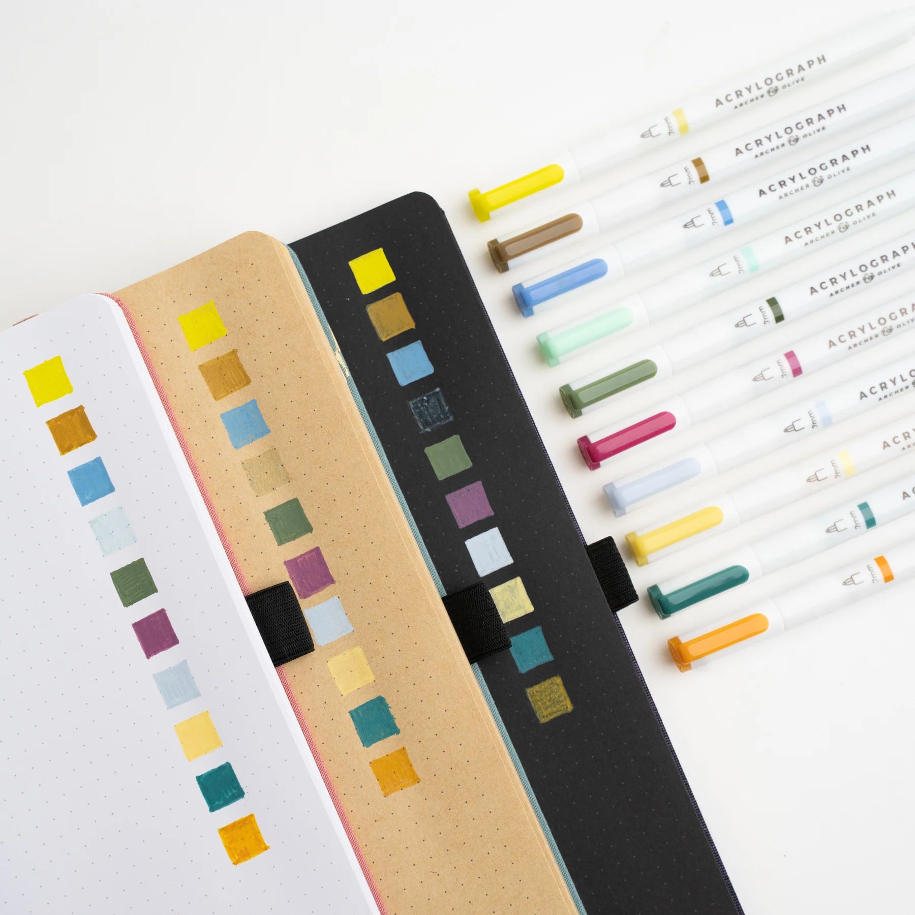 Archer & Olive Night Blooms Acrylograph Pens swatches on 3 different coloured papers - Paper Kooka Stationery Shop Australia