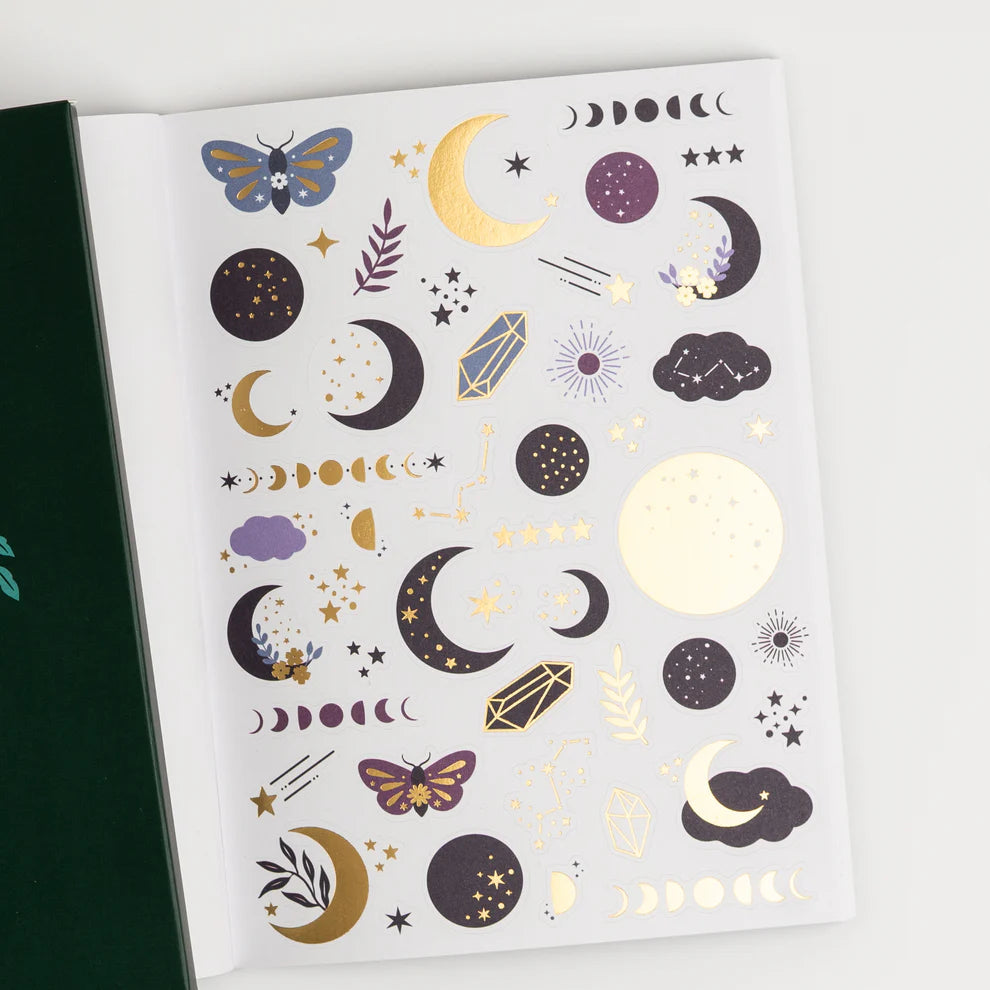 Sheet of celestial-themed temporary tattoos with various designs on a white background. Sticker Favourites Volume I sticker book by Archer & Olive.
