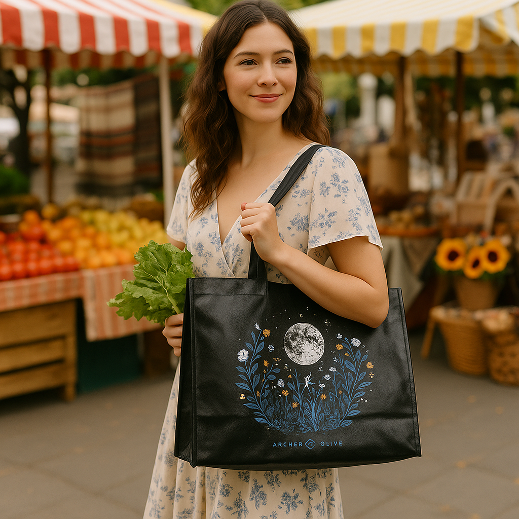 Archer & Olive Night Blooms Reusable Shopping Bag in use by a lady who is grocery shopping - Paper Kooka Stationery Shop Australia