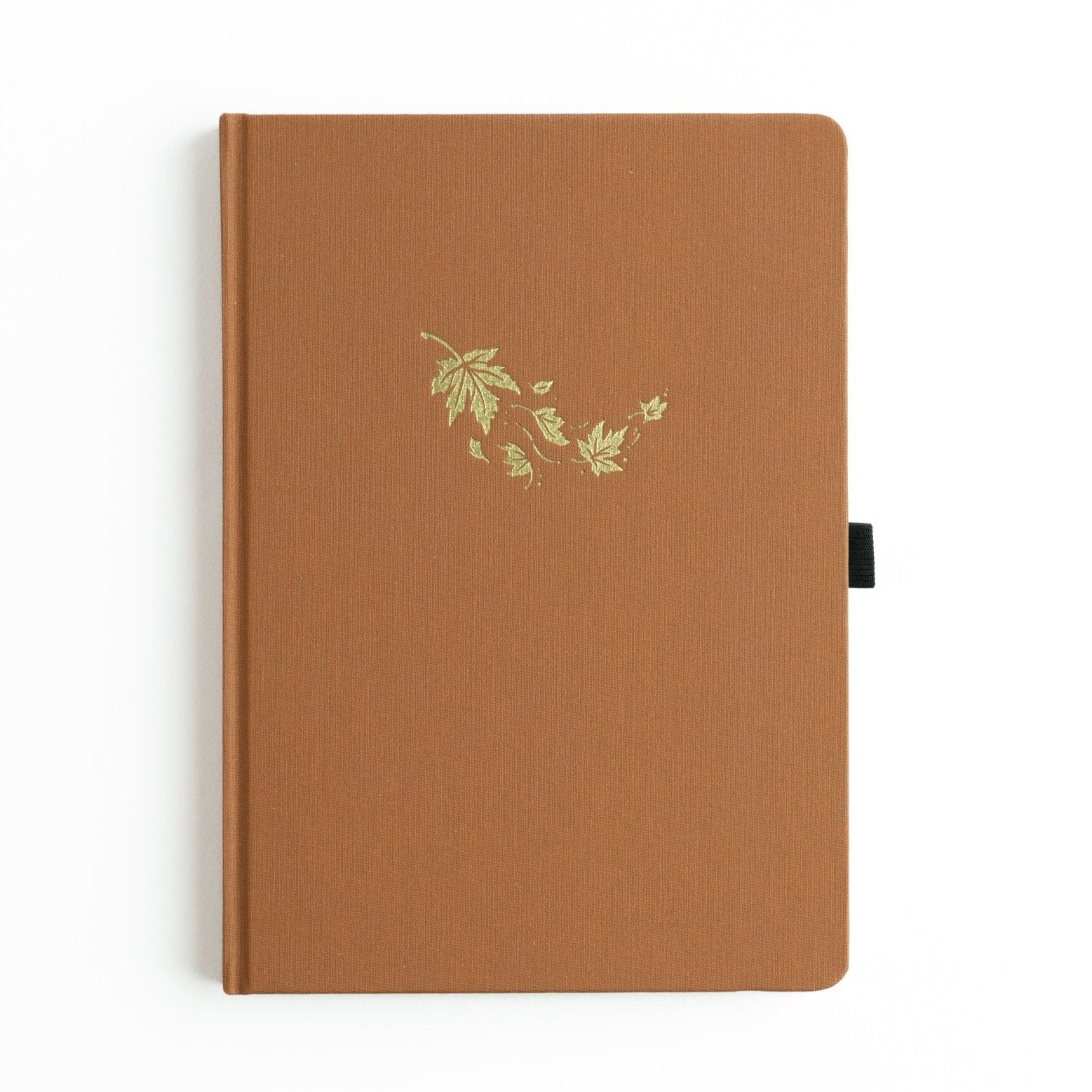 Archer & Olive Swirling Leaves A5 Dotted Notebook with 160gms paper and orange linen cover with gold foil design with falling leaves - Paper Kooka Stationery Australia