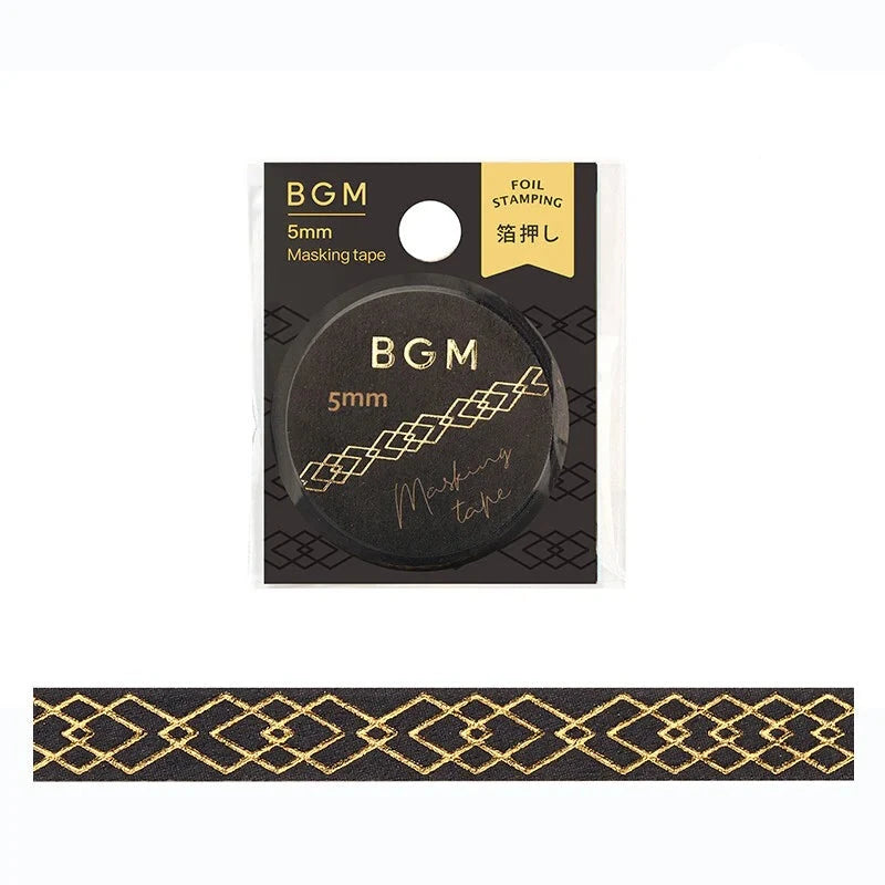 BGM Antique Pattern - Basic thin washi tape with gold pattern on black background - Paper Kooka Stationery Australia