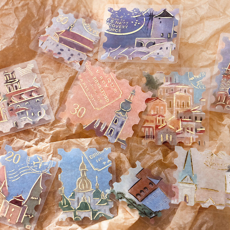 BGM Around the World Post Office Flake Stickers 15 designs with towns and cities - Paper Kooka Stationery Australia