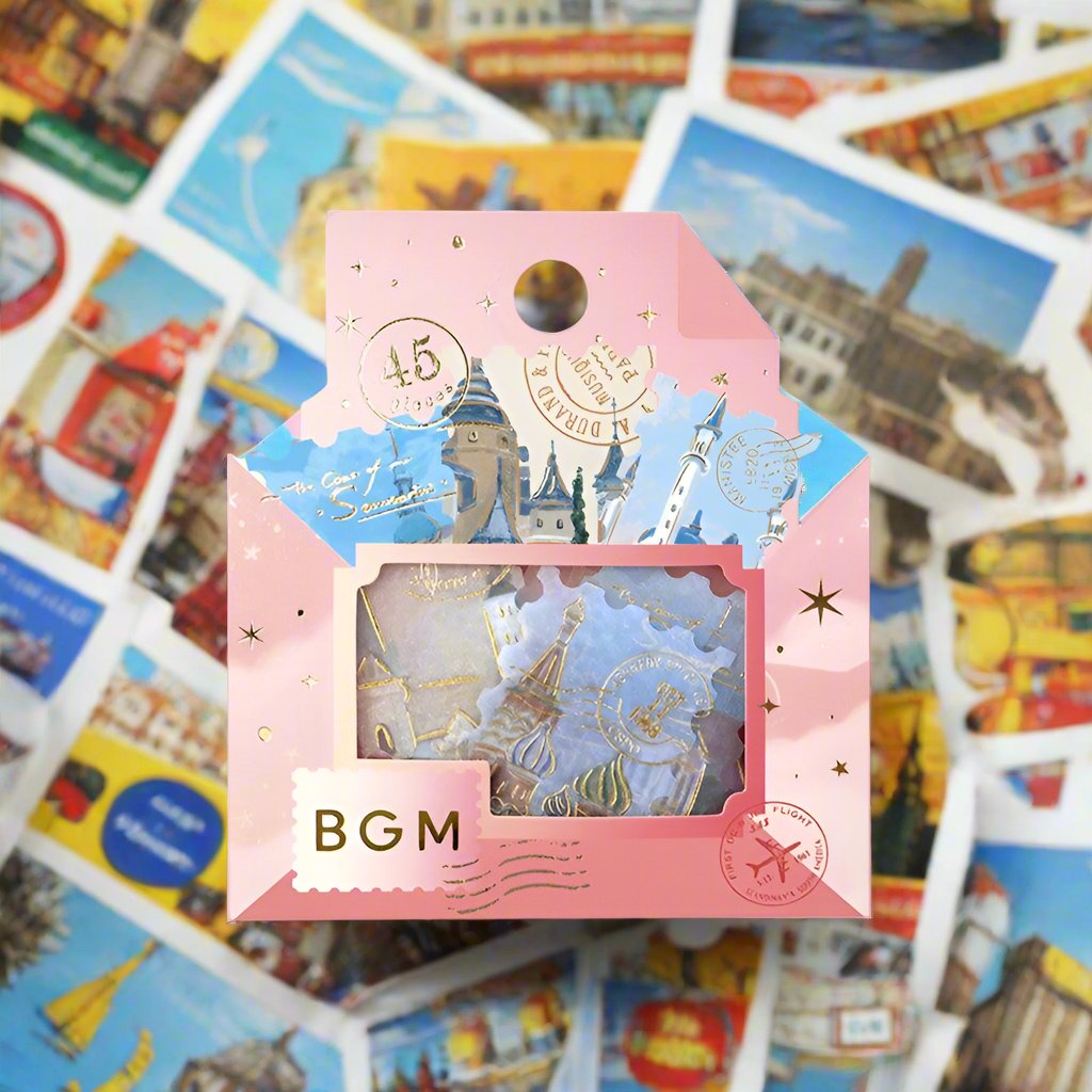 BGM Around the World Post Office Flake Stickers packaging - Paper Kooka Stationery Australia