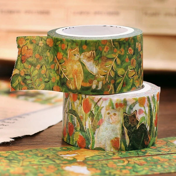 BGM Find Me - Flowers and Cats green floral masking tape with cats - Paper Kooka Stationery Australia
