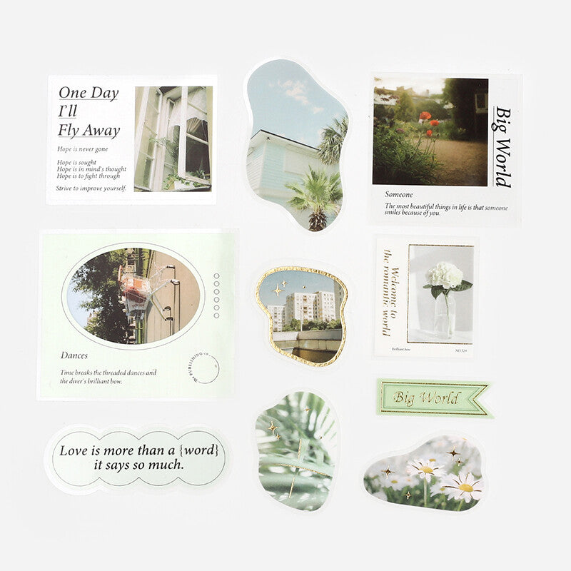 Green Photo PET & Washi Deco Stickers 10 designs with flowers buildings trees and words - Paper Kooka Australia