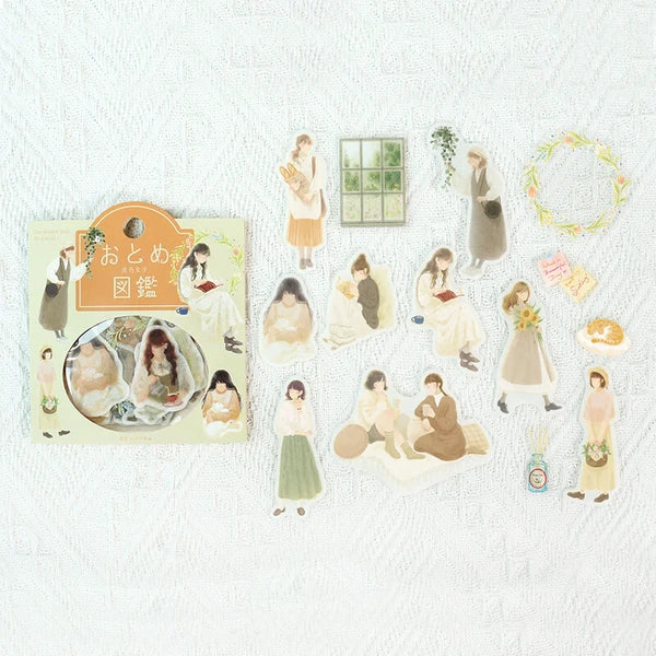BGM Peaceful Times - Illustrated Book Collection PET & Washi Stickers in pale green colours with women enjoying quiet time - Paper Kooka Stationery Australia