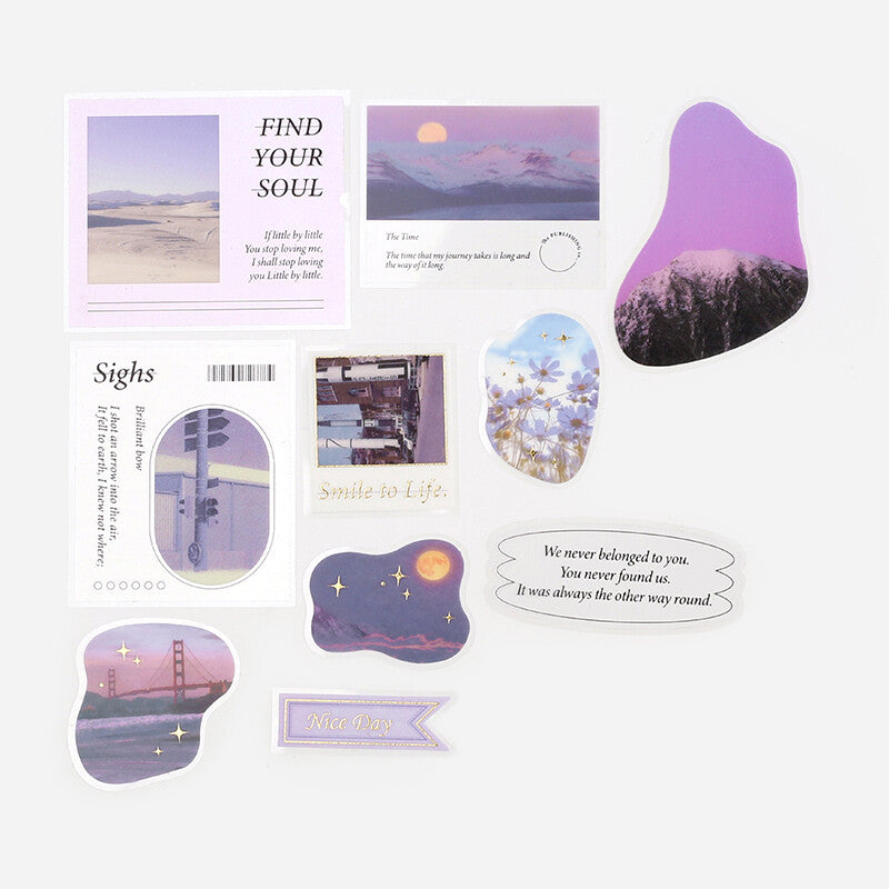 BGM Purple Photo PET & Washi Deco Stickers 10 designs with mountains sky stars and flowers- Paper Kooka Australia