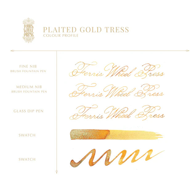 Ferris Wheel Press Plaited Gold Tress FerriTales 20ml Ink from the Once Upon a Time 2023 collection yellow writing sample - Paper Kooka Stationery Australia