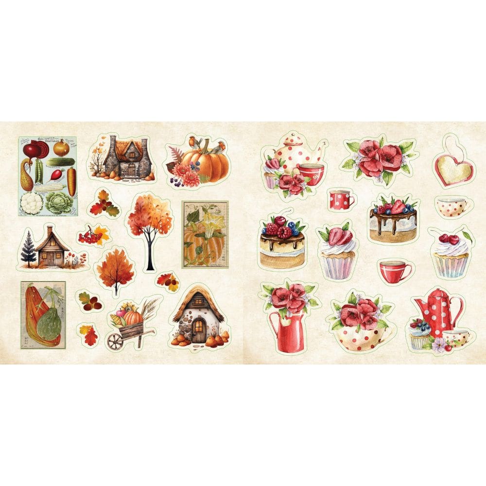 Peter Pauper Press Cottagecore Sticker Book pages with cottages pumpkins and desserts stickers - Paper Kooka Australia