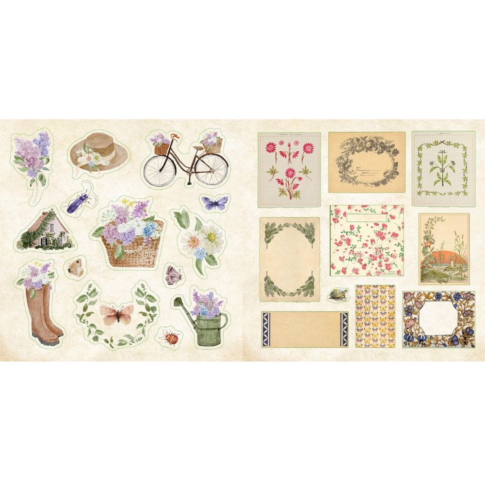 Peter Pauper Press Cottagecore Sticker Book pages with cottages flowers and bikes stickers - Paper Kooka Australia