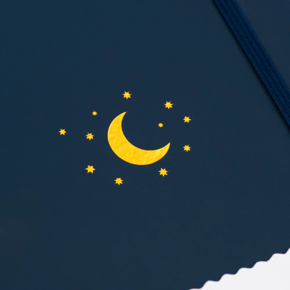 Yop & Tom Moon and Stars - Midnight Blue A5 Dotted Notebook cover closeup - Paper Kooka Australia