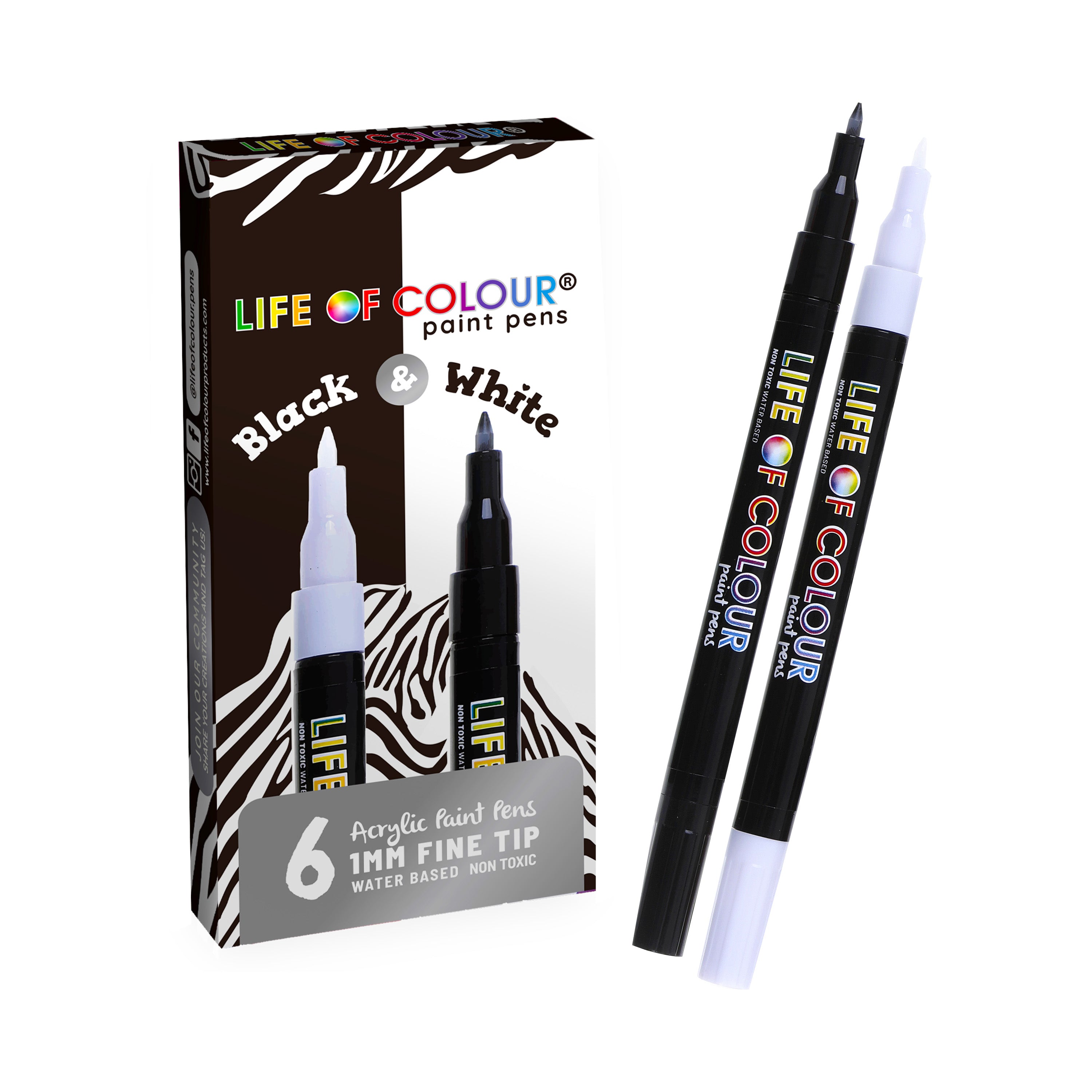 Life of Colour Black and White Fine-tip Acrylic Paint Pens 1mm - Paper Kooka Australia