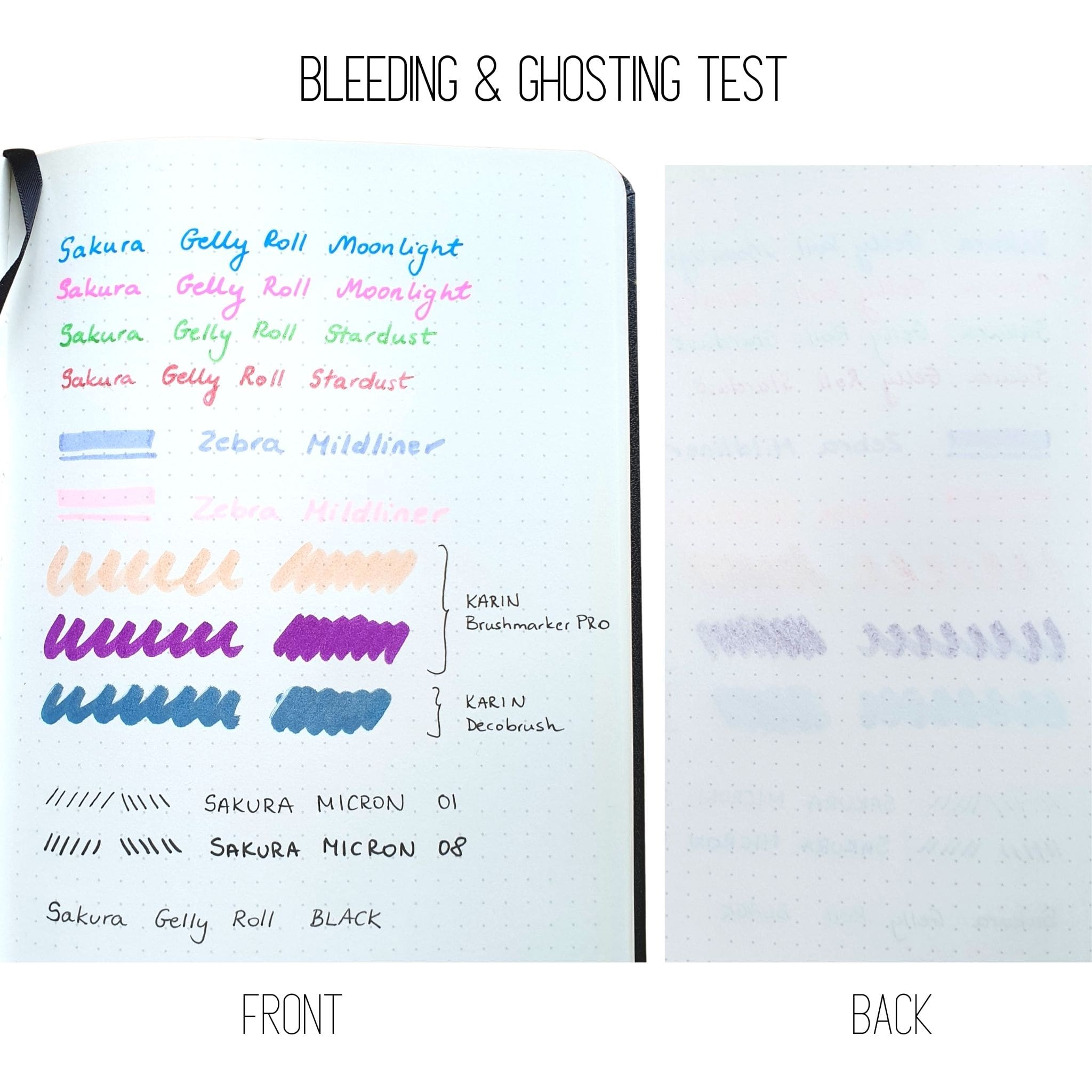 Peter Pauper Press Essentials black A4 dotted notebook ghosting and bleeding pen test - Paper Kooka