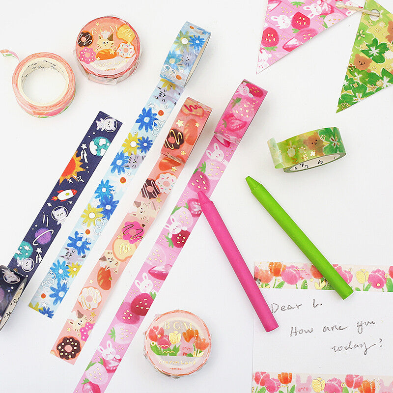 BGM Cosmos Cats washi tape with cats hiding in blue and yellow cosmos flowers - Paper Kooka