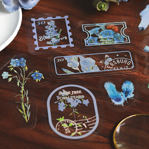 BGM Blue Flowers Office PET Clear Stickers closeup - Paper Kooka Australia