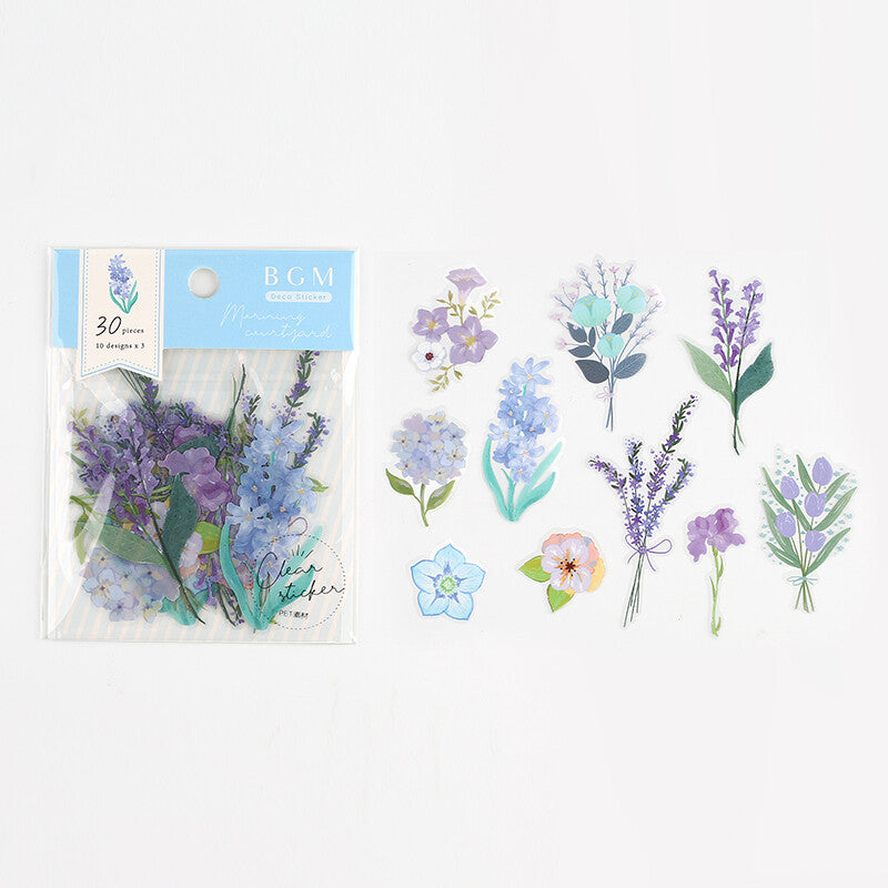 BGM Blue Morning Garden PET Clear Stickers with violet and blue flowers - Paper Kooka