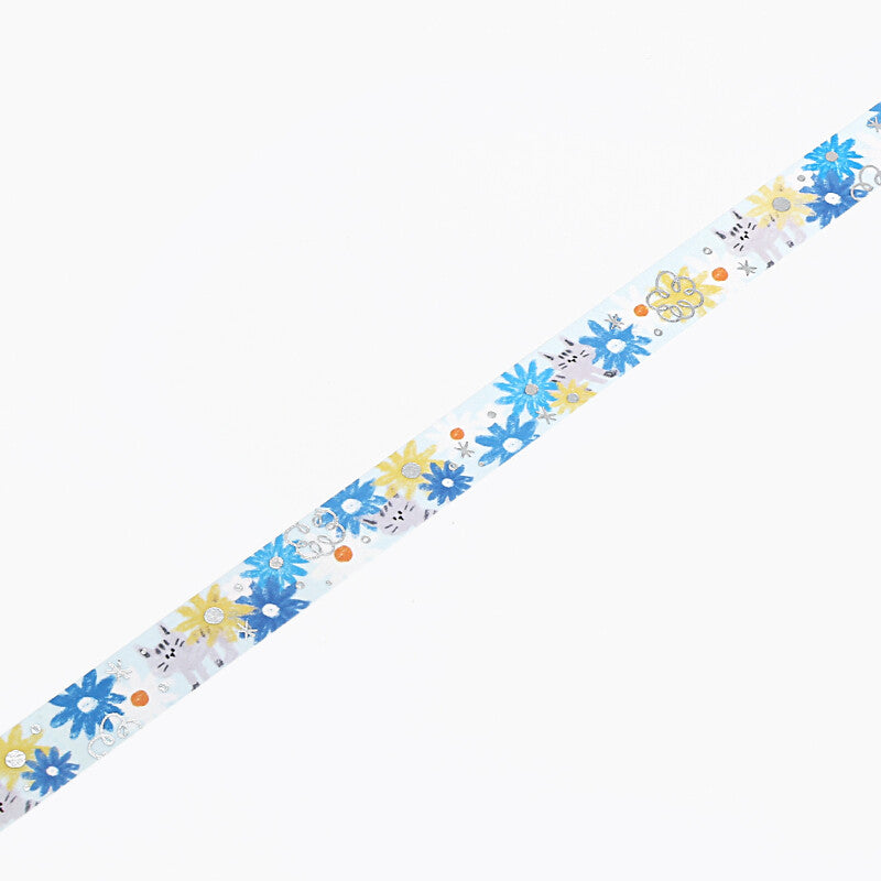 BGM Cosmos Cats washi tape with blue flowers and grey cats - Paper Kooka