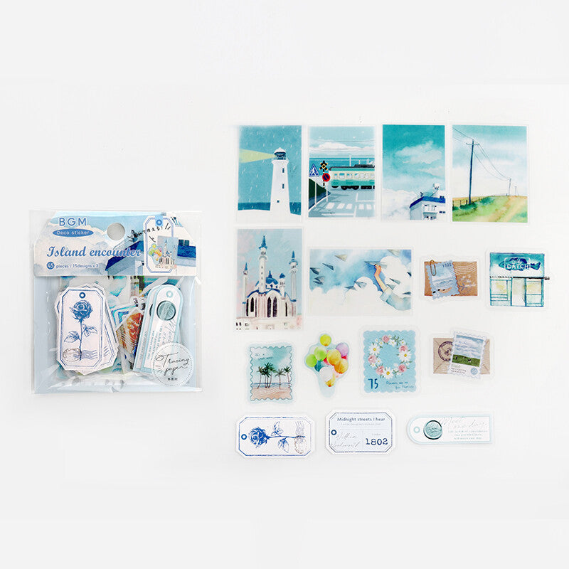 BGM Island Encounter Blue Tracing Paper Stickers 15 designs - Paper Kooka Australia