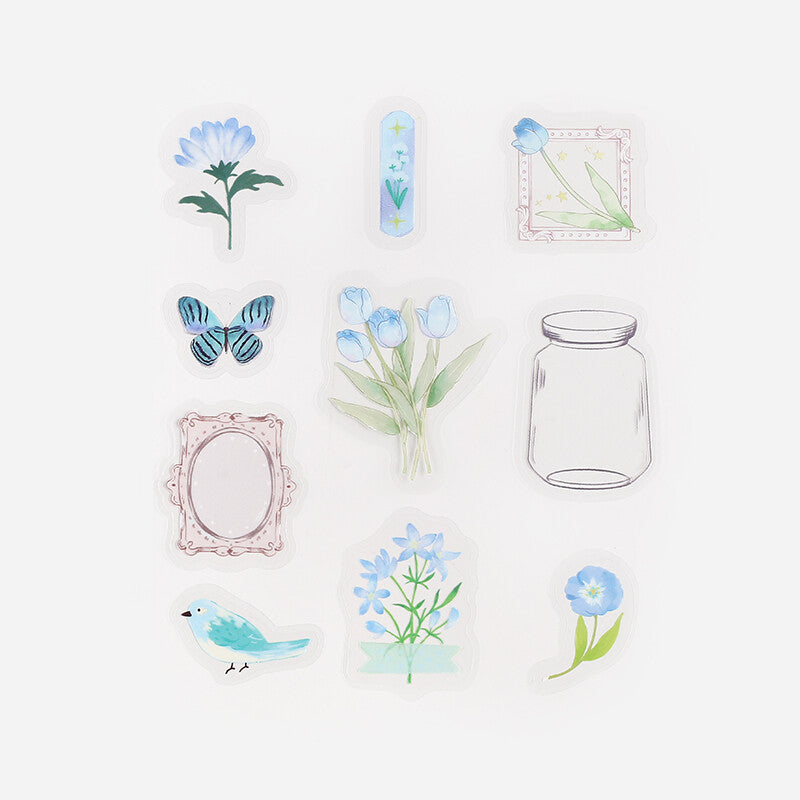 BGM Light Blue Flower Bloom PET Clear Stickers 10 designs - Paper Kooka Australia