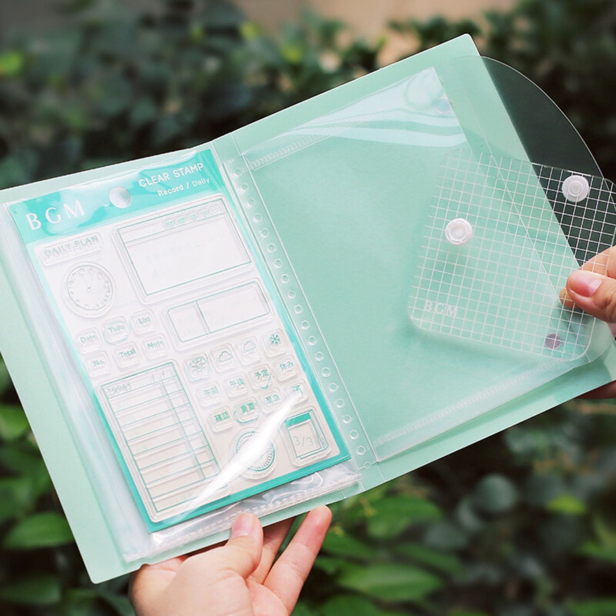 BGM Light Green Clear Stamp File inside with stamps and blocks - Paper Kooka