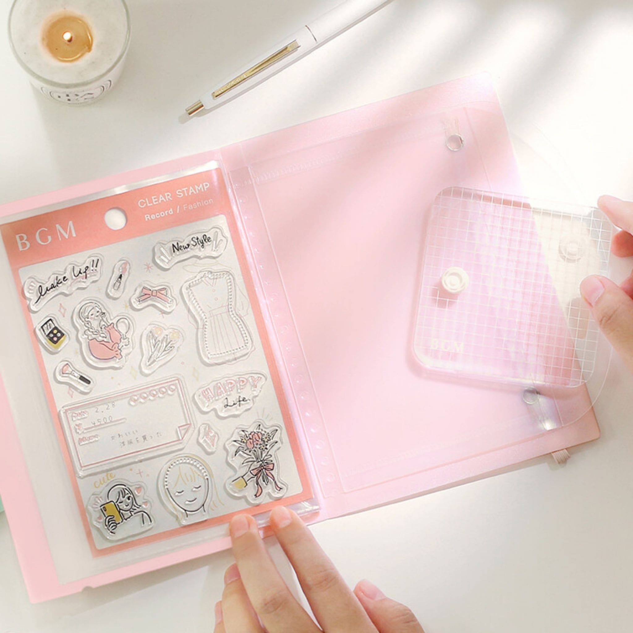 BGM Light Pink Clear Stamp File inside with stamps and blocks - Paper Kooka