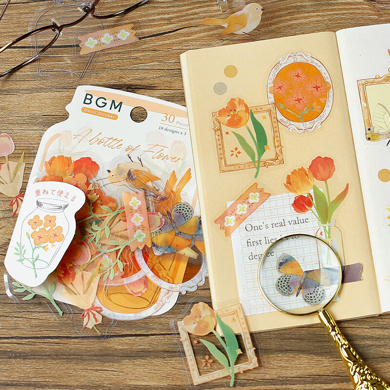 BGM Orange Flower Bloom PET Clear Stickers for scrapbooking and journaling - Paper Kooka Australia