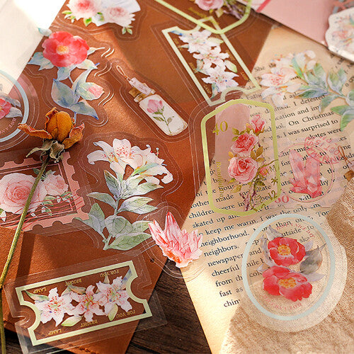 BGM Red Flowers Post Office PET Clear Stickers closeup - Paper Kooka Australia