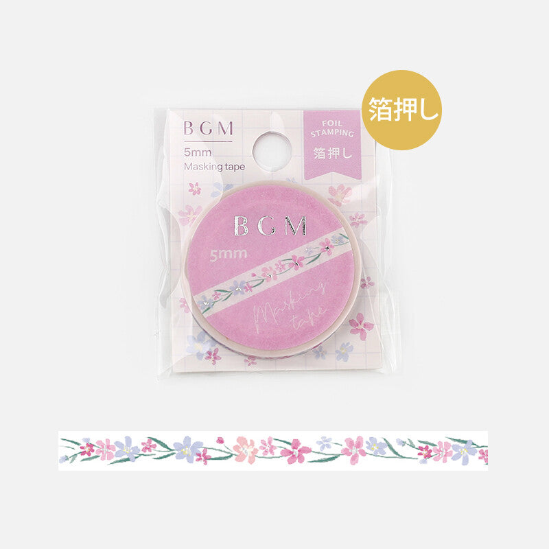 BGM Silver Flower Branch thin washi tape with pink flowers - Paper Kooka