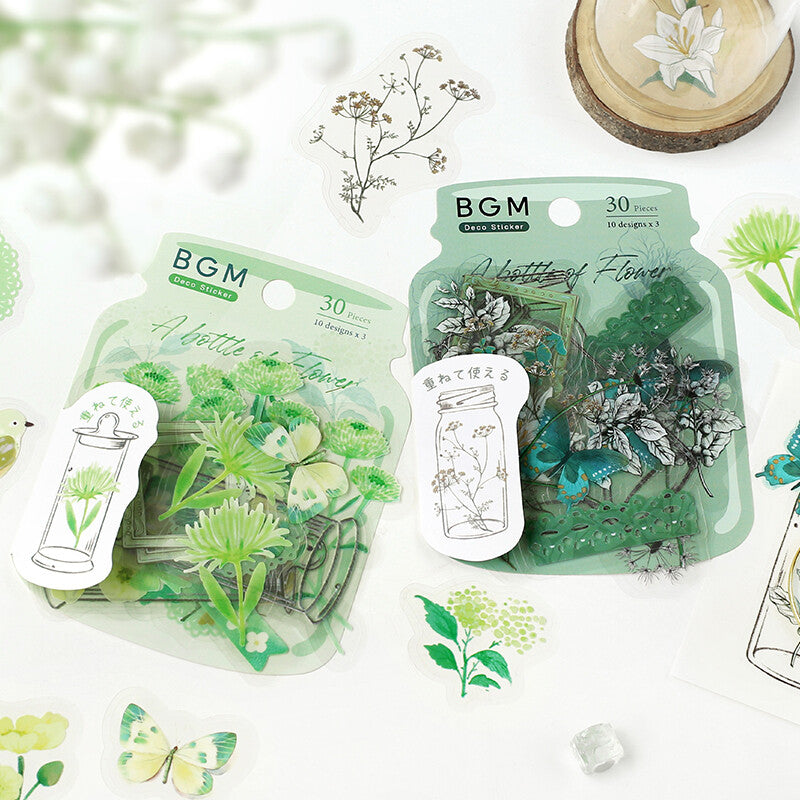 BGM Young Green Flower Bloom PET Transparent Stickers for journaling - Paper Kooka Australia