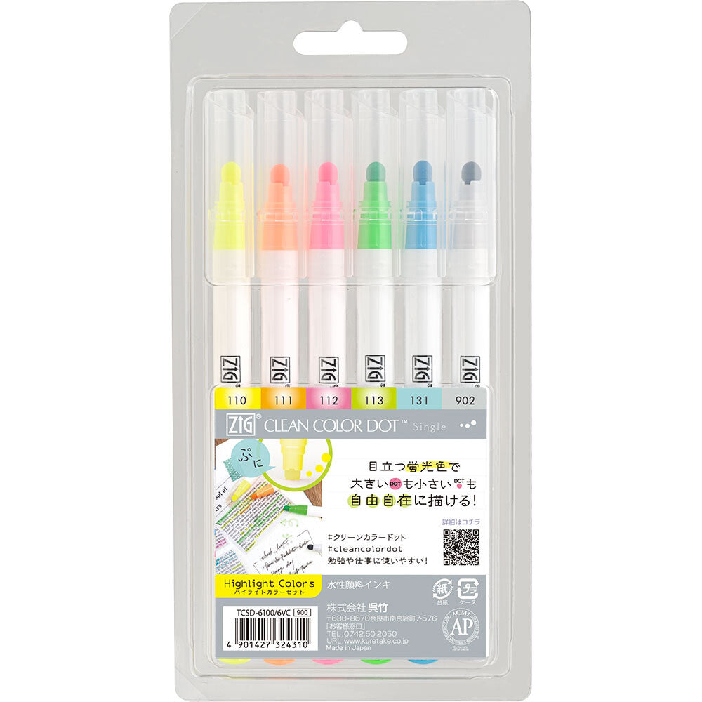 Highlight Colours Set of 6 Kuretake ZIG Clean Colour Dot Dual-tip Markers package - Paper Kooka Australia