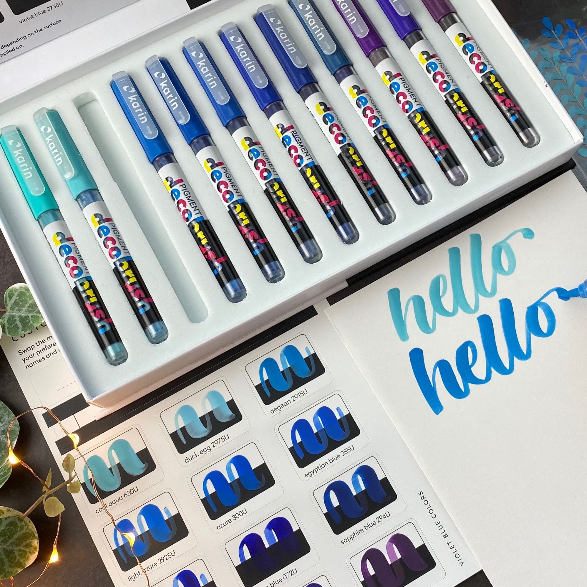 New Karin Markers Pigment DecoBrush opaque brush pens Violet-Blue Collection swatches - Paper Kooka