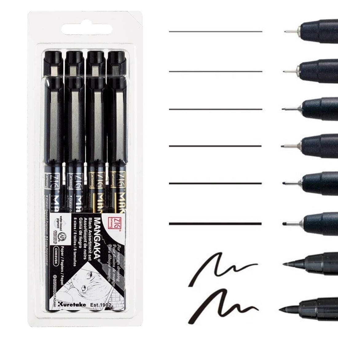 Kuretake ZIG Mangaka set of 8 with 2 brush pens and 6 fineliners - Paper Kooka