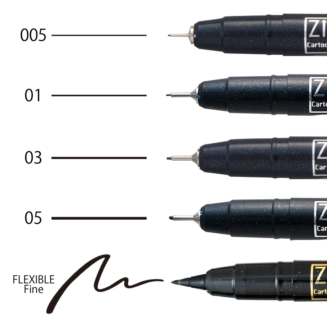 Kuretake ZIG Cartoonist Mangaka Fineliners and Brush Pen set of 5 line widths - Paper Kooka