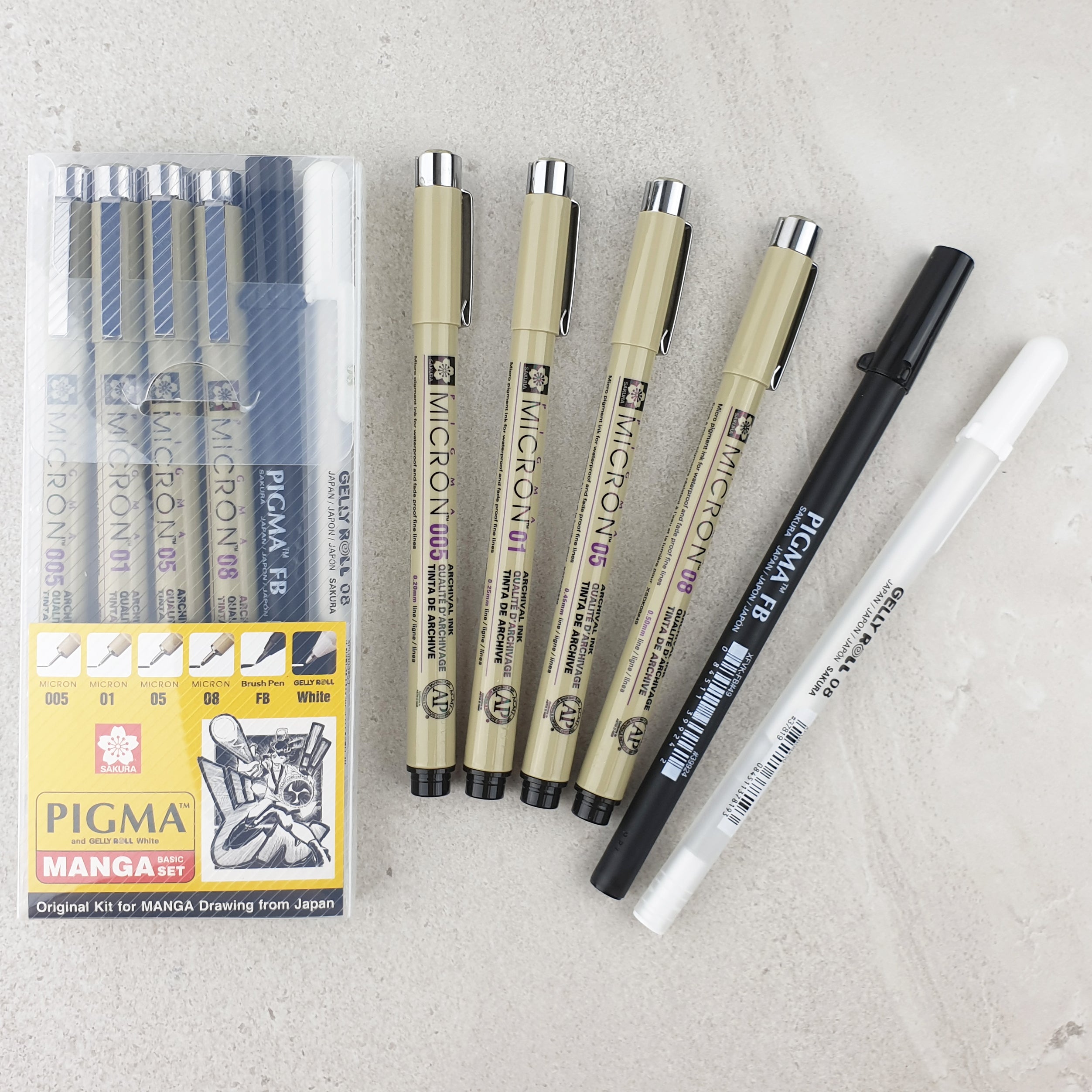 Sakura Pigma & Gelly Roll White - MANGA Basic 6 Pens Set - Paper Kooka Australia