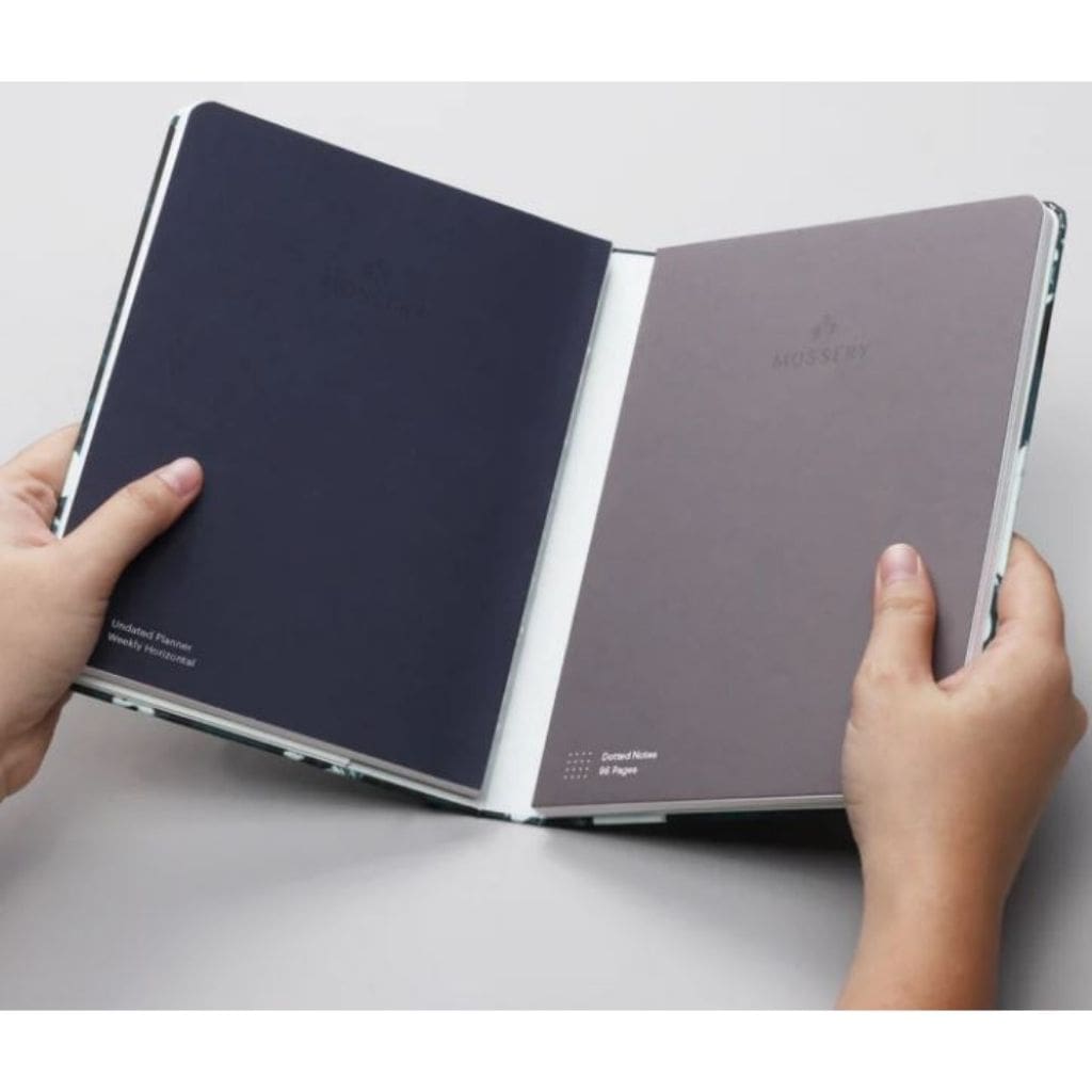 Mossery A5 Black Speckle Twinbook : Undated Half-Year Planner + Dotted Notebook horizontal weekly spread - Paper Kooka Australia