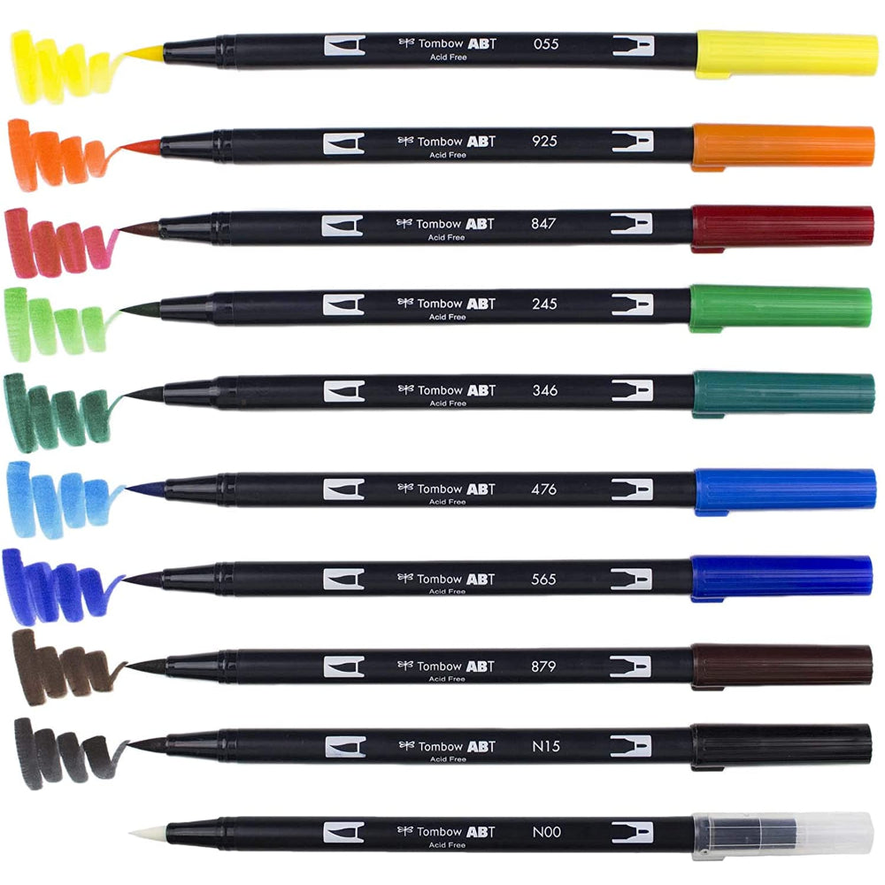 Dual-ended 10 Colour Primary Set of Tombow Brush Pens colour swatch  - Paper Kooka Australia