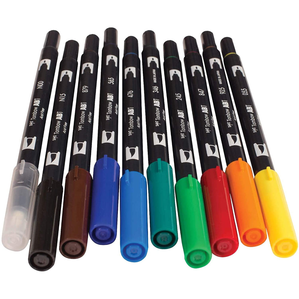 Dual-ended 10 Colour Primary Set of Tombow Brush Pens with caps on - Paper Kooka Australia