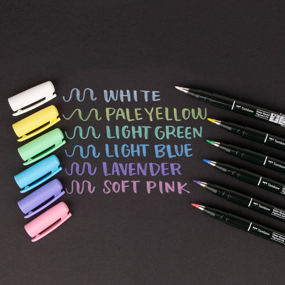 Tombow Fudenosuke Pastel Brush Pens Set of 6 swatches on black paper - Paper Kooka Australia